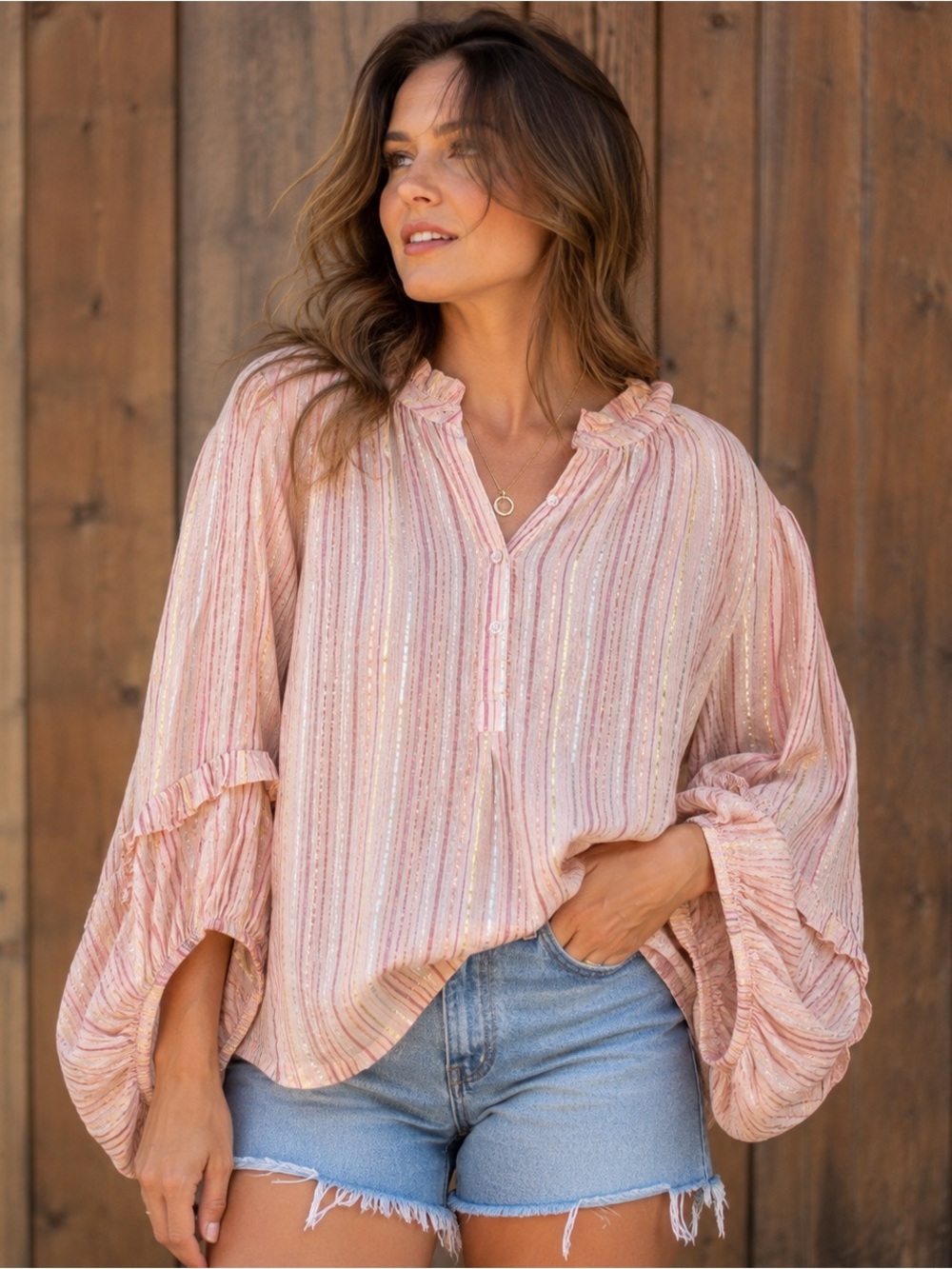 Ivy Jane Size L Metallic Stripe Balloon Sleeve Blouse Pink Boho Ruffle Top